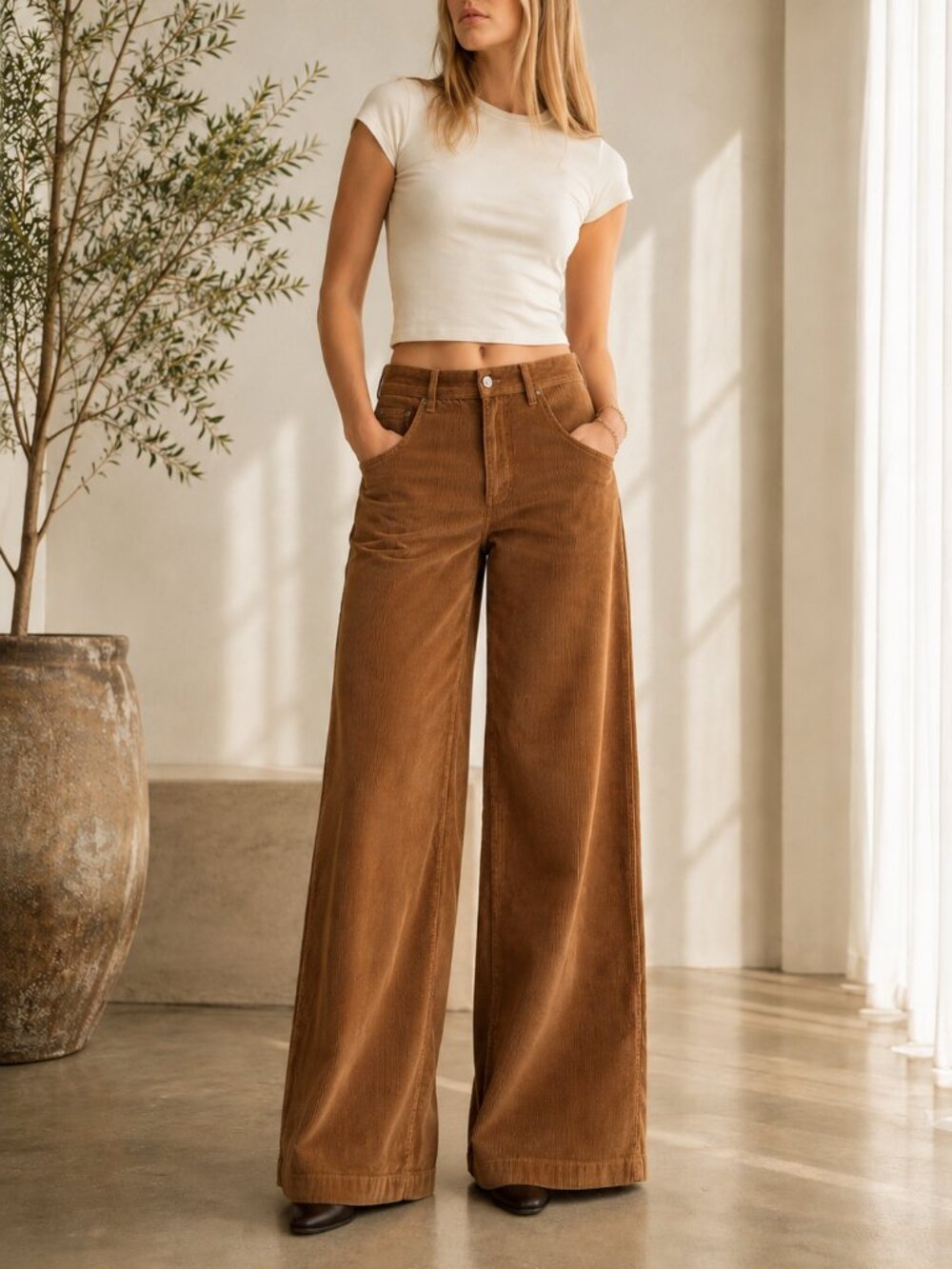 REITMANS Camel Brown Wide Leg Corduroy Pants Women's Size 8 High Rise Stretch